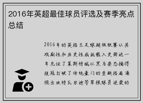 2016年英超最佳球员评选及赛季亮点总结