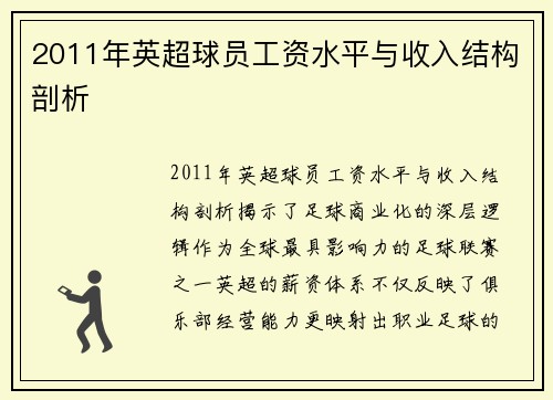 2011年英超球员工资水平与收入结构剖析